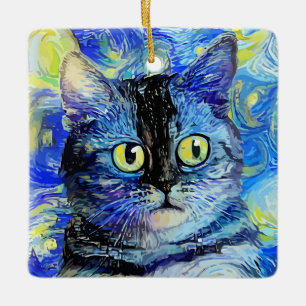 Impressionist Starry Night Tabby Cat Portrait Keramikornament