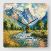 Impressionist Valley Mountain Tream Stream Quadratische Wanduhr (Vorderseite)