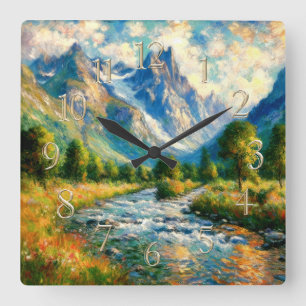 Impressionist Valley Mountain Tream Stream Quadratische Wanduhr