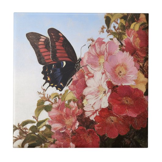 Impressionistin Butterfly und rosa Blume Fliese (Vorderseite)