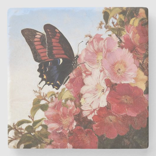Impressionistin Butterfly und rosa Blume Steinuntersetzer (Vorderseite)