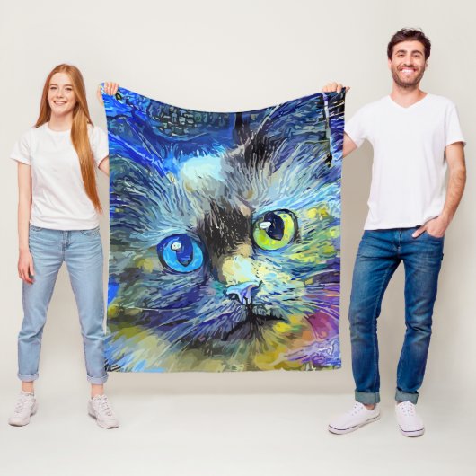 Impressionistin Cat Portrait Blue Yellow Black Fleecedecke (Beispiel)