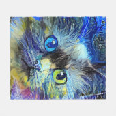 Impressionistin Cat Portrait Blue Yellow Black Fleecedecke (Vorderseite (Horizontal))