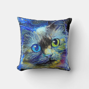 Impressionistin Cat Portrait Blue Yellow Black Kissen