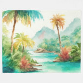 Impressionistin Watercolor Tropical Island Szene Fleecedecke (Vorderseite (Horizontal))