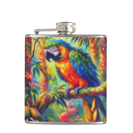 Impressionistisch tropischer Papagei Bird Blue Gre Flachmann (Vorderseite)