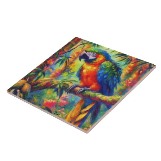 Impressionistisch tropischer Papagei Bird Blue Gre Fliese (Seite)