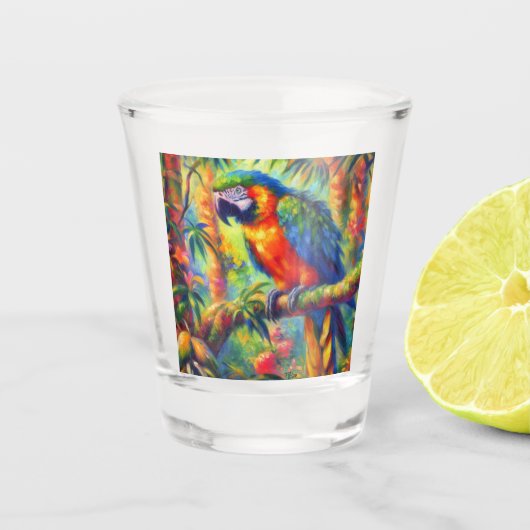 Impressionistisch tropischer Papagei Bird Blue Gre Schnapsglas (Vorderseite)
