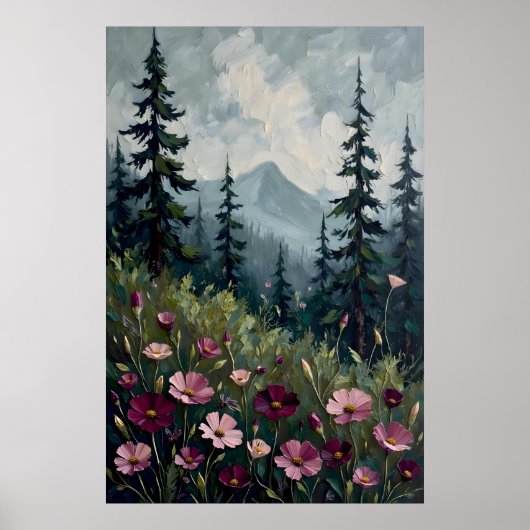 Impressionistische Berglandschaft mit Wildblumen Poster (Vorne)