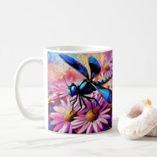 Impressionistische Dragonfly On Pink Daisis Floral Kaffeetasse (Mit Donut)
