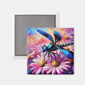 Impressionistische Dragonfly On Pink Daisis Floral Magnet (Vorderseite/Rückseite)