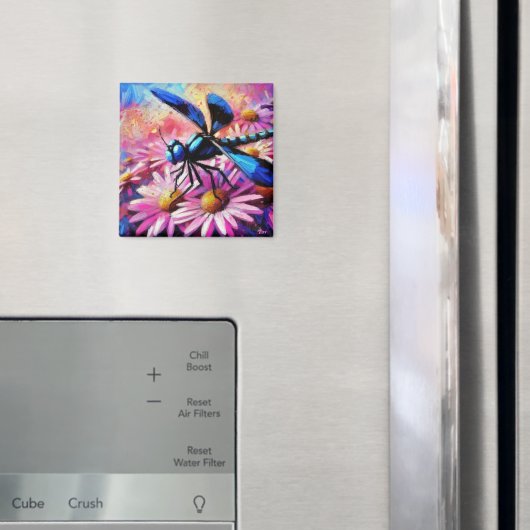 Impressionistische Dragonfly On Pink Daisis Floral Magnet (In Situ (Kühlschrank))