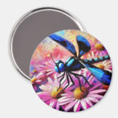 Impressionistische Dragonfly On Pink Daisis Floral Magnet (Vorderseite/Rückseite)