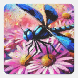 Impressionistische Dragonfly On Pink Daisis Floral Quadratischer Aufkleber