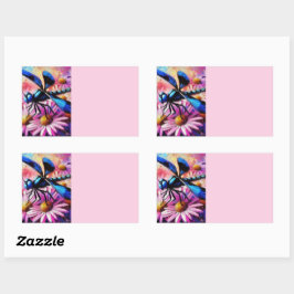 Impressionistische Dragonfly On Pink Daisis Floral Rechteckiger Aufkleber