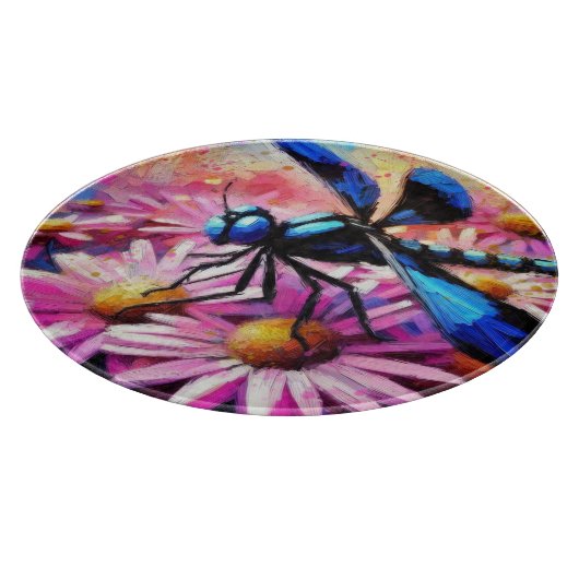 Impressionistische Dragonfly On Pink Daisis Floral Schneidebrett (Ecke)