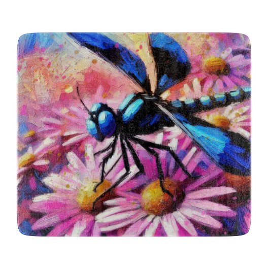 Impressionistische Dragonfly On Pink Daisis Floral Schneidebrett (Vorderseite)