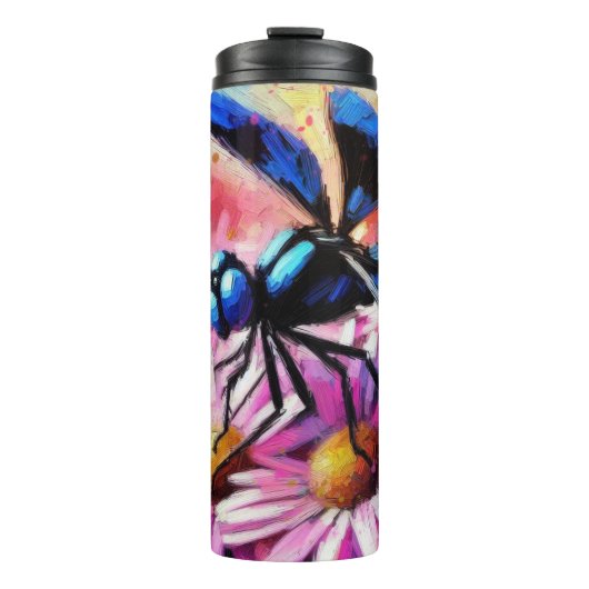 Impressionistische Dragonfly On Pink Daisis Floral Thermosbecher (Vorderseite)