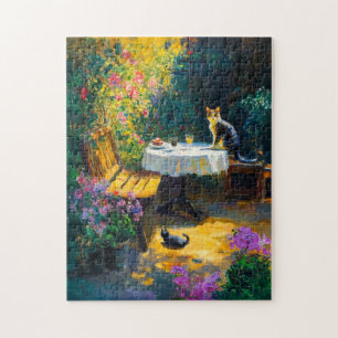 Impressionistische Katzen spielen in der Gartenein Puzzle