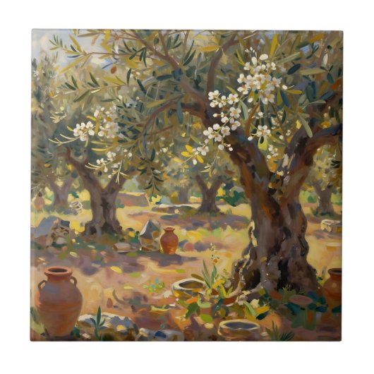 Impressionistische Olivenhain-Szene Fliese (Vorderseite)