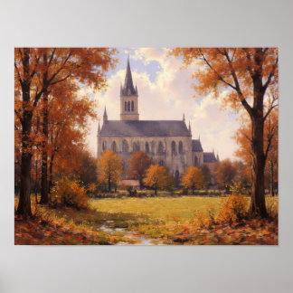 Impressionistische Ölmalerei Herbstkirche Bäume Poster