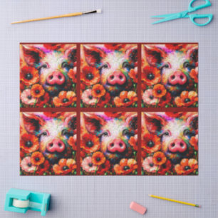 Impressionistische Schweine-Mohnblumen-Dekoupage Seidenpapier