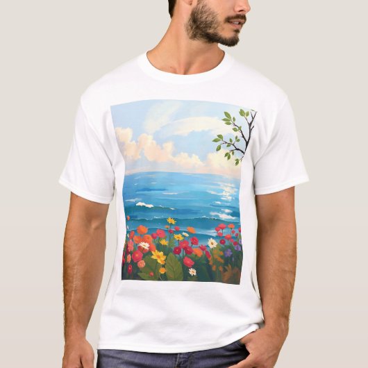 Impressionistische Seascape mit blühendem Garten T-Shirt (Vorderseite)