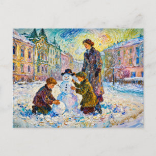 Impressionistische Winterplatzszene mit spielenden Postkarte