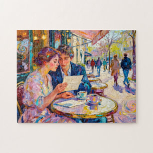 Impressionistisches Café-Paar liest und debattiert Puzzle