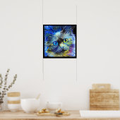 Impressionistisches Cat Portrait Blue Yellow Black Poster (Küche)