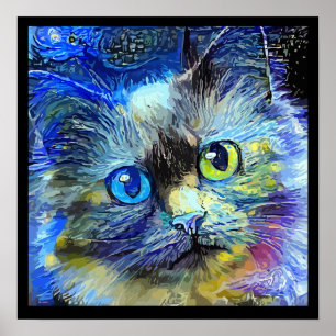 Impressionistisches Katzenporträt Blau Gelb Schwar Poster