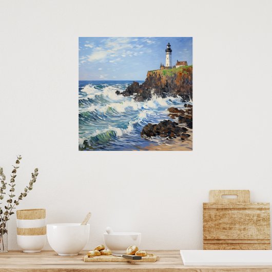 Impressionistisches Leuchtturmgemälde im Küstenlan Poster (Küche)