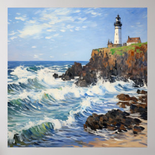 Impressionistisches Leuchtturmgemälde im Küstenlan Poster