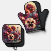 Impressionistisches Maroon Stiefmütterchen Blumeng Ofenhandschuh & Topflappen-Set (Vorderseite/Rückseite)
