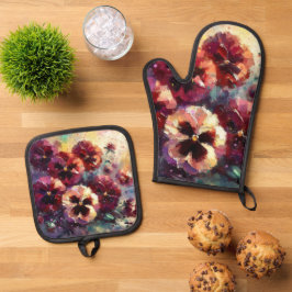 Impressionistisches Maroon Stiefmütterchen Blumeng Ofenhandschuh & Topflappen-Set