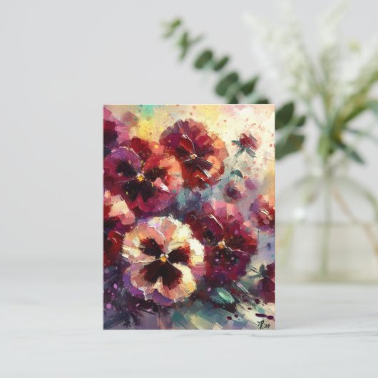 Impressionistisches Maroon Stiefmütterchen Blumeng Postkarte (Stehend Vorderseite)