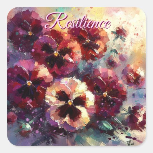 Impressionistisches Maroon Stiefmütterchen Blumeng Quadratischer Aufkleber (Vorderseite)