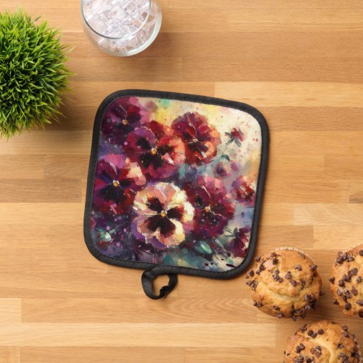 Impressionistisches Maroon Stiefmütterchen Blumeng Topflappen (Oben Unten)