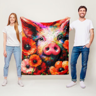 Impressionistisches Schweinefieber in Roter Mohn-B Fleecedecke
