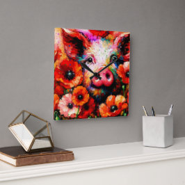 Impressionistisches Schweinefieber in Roter Mohn-B Quadratische Wanduhr