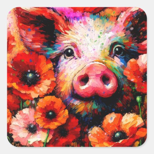Impressionistisches Schweinefieber in Roter Mohn-B Quadratischer Aufkleber (Vorderseite)