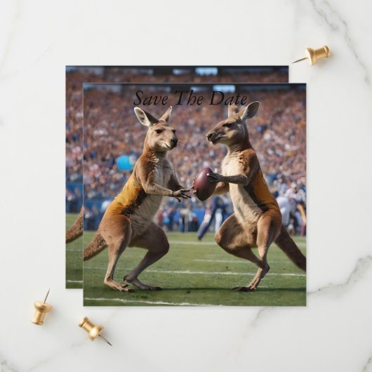 "In Aktion: Kangaroos spielt Aussie-Regeln Save The Date (Vorderseite/Rückseite Beispiel)