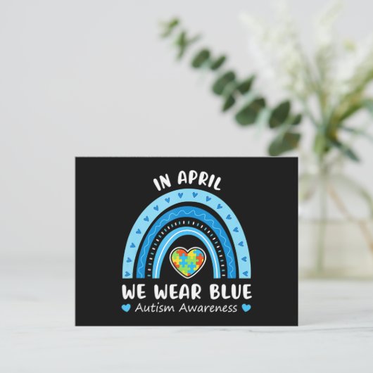 In April We Wear Blue Rainbow Autism Awareness Puz Postkarte (Stehend Vorderseite)