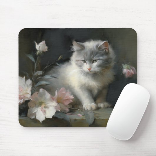 in Begleitung von Blume, graue und weiße Kätzchen Mousepad (Mit Mouse)