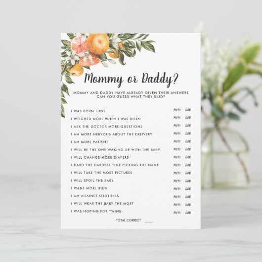 In Bloom Baby Dusche | Mama oder Daddy Game Einladung (Stehend Vorderseite)