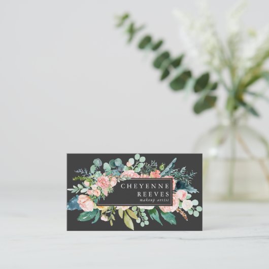 In Bloom | Blush Floral Black Visitenkarte (Stehend Vorderseite)