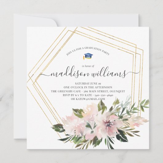 In Bloom | Blush Floral Graduation Party Einladung (Vorderseite)