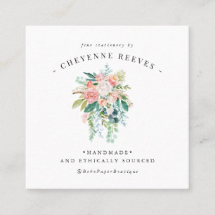 In Bloom   Blush Vintage Blumenlogo Quadratische Visitenkarte