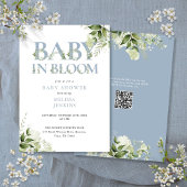 In Bloom Dusty Blue Greenery QR Code Baby Shower Einladung