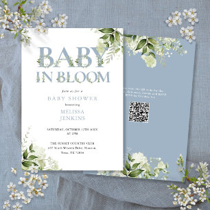 In Bloom Dusty Blue Greenery QR Code Baby Shower Einladung